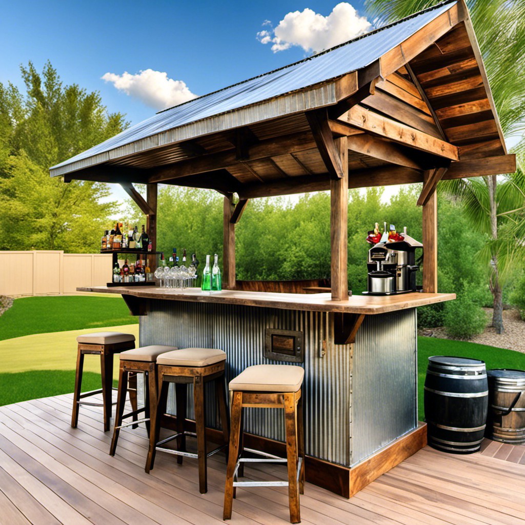 backyard bar with a weathered metal roof