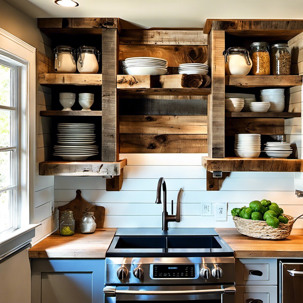 barnwood backsplash with open shelving