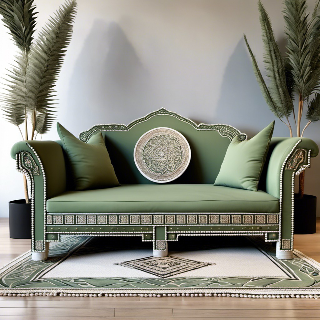 beaded sage green couch in moroccan style
