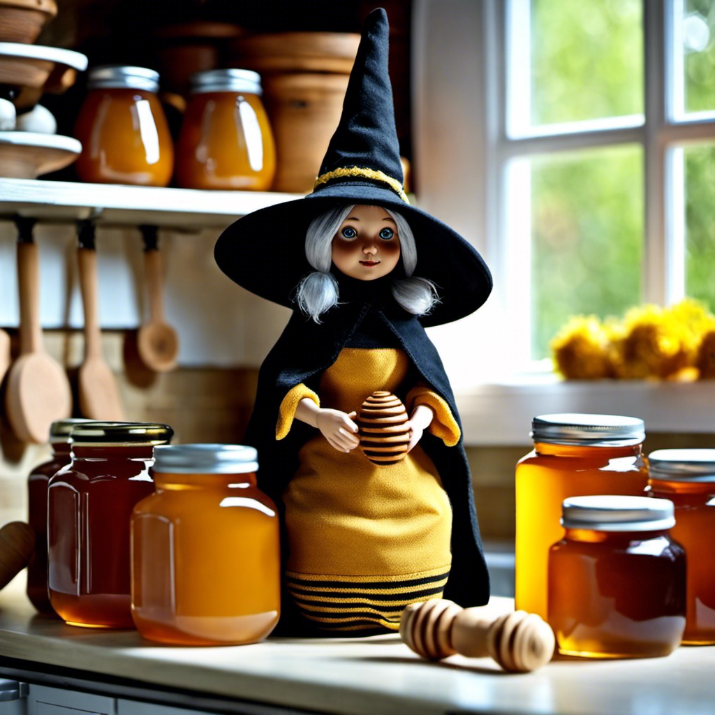 beekeeper witch doll with honey pots