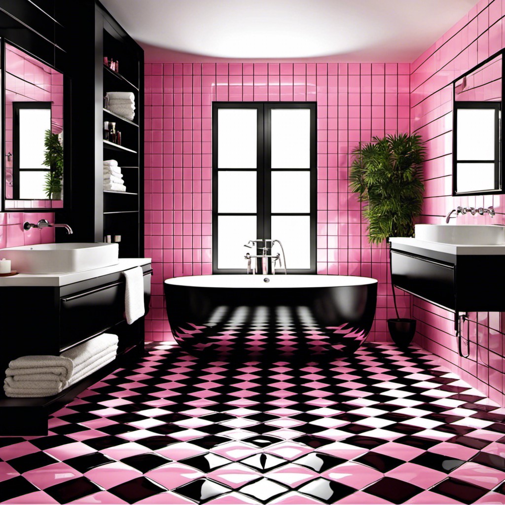 black and pink chequered bathroom tiles