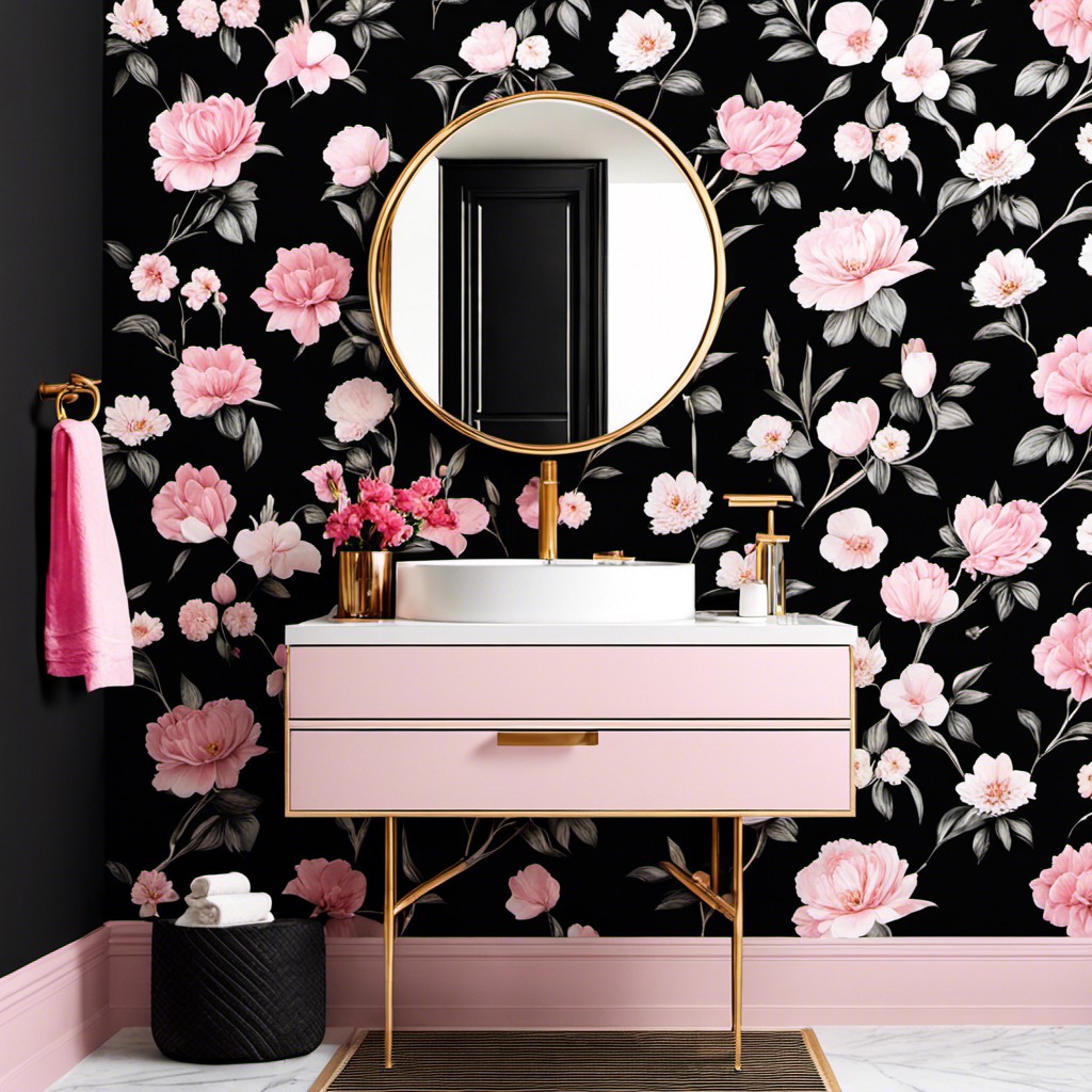 black and pink floral wallpaper in a powder room