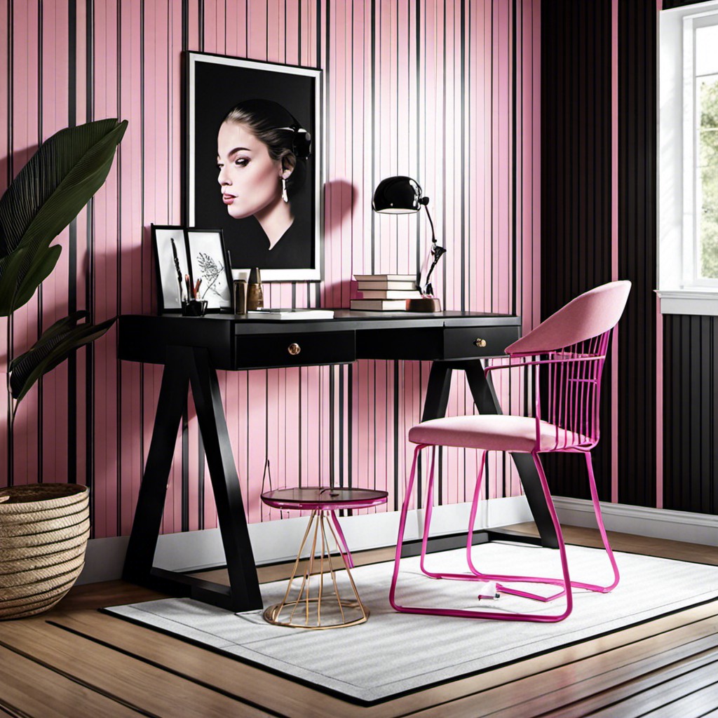 black and pink striped wallpaper in a study room