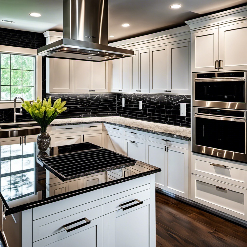 black and silver mixed stone backsplash