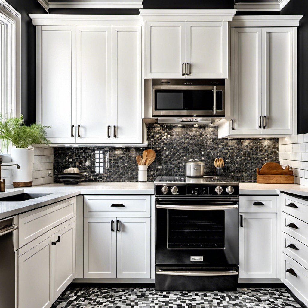 black and white mixed mosaic backsplash