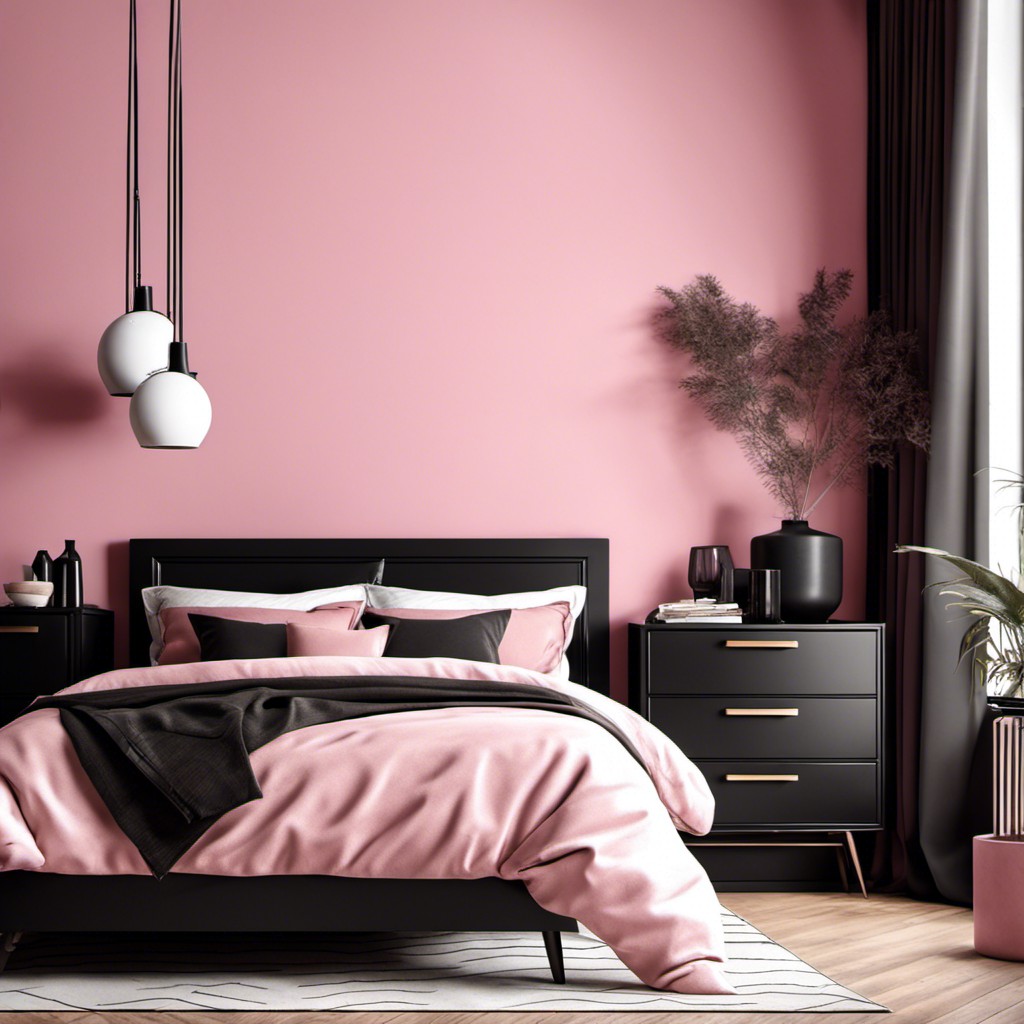 black bedroom furniture with pink accent wall