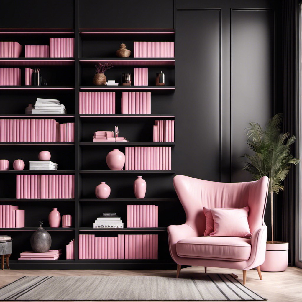 black bookshelves with pink books