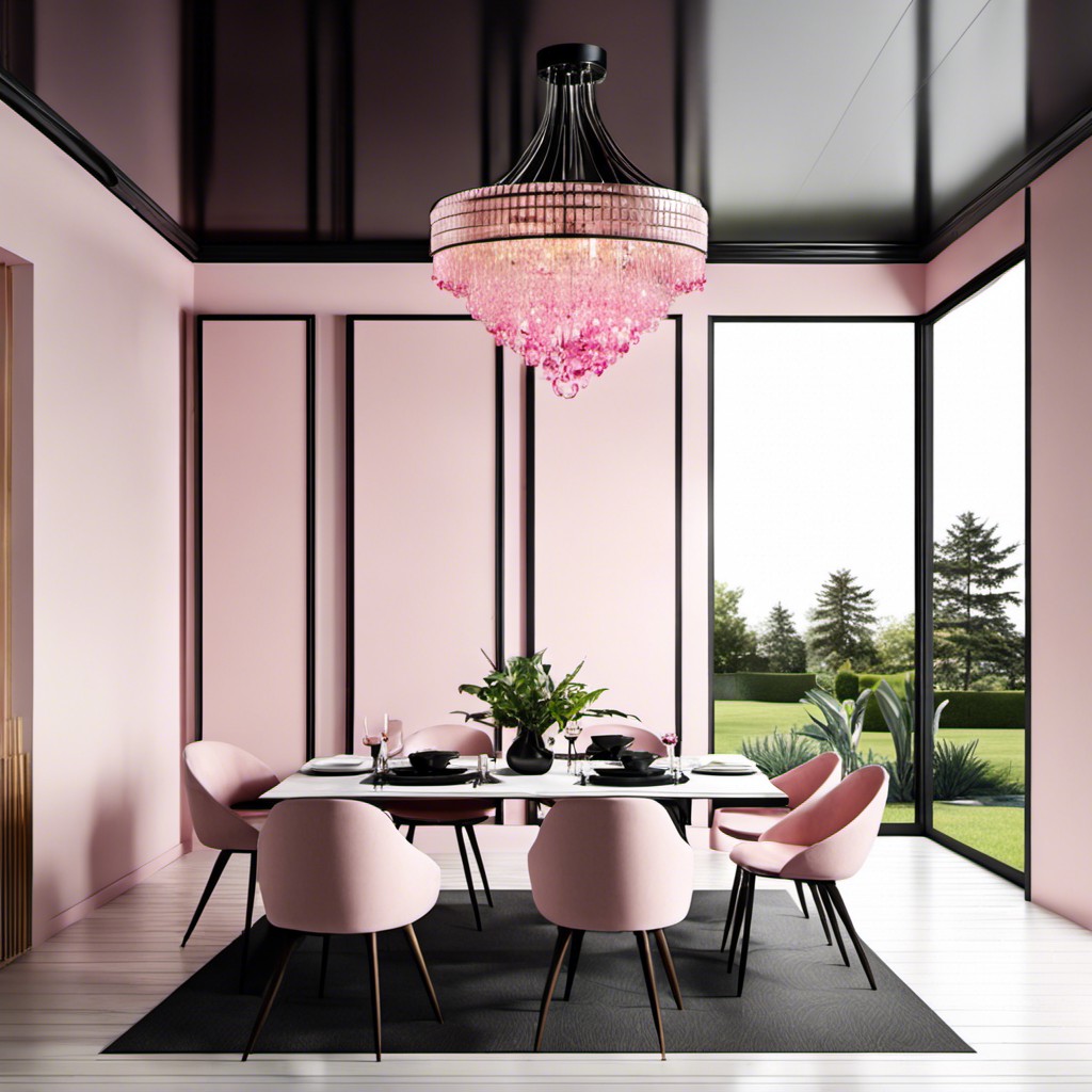 black ceiling with pink chandelier in dining room