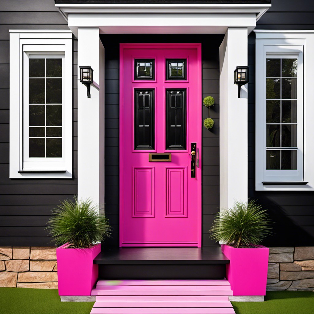 black exterior with hot pink front door