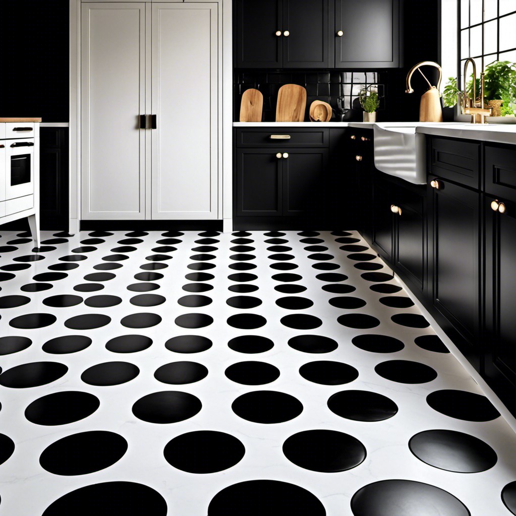 black floor with white polka dots