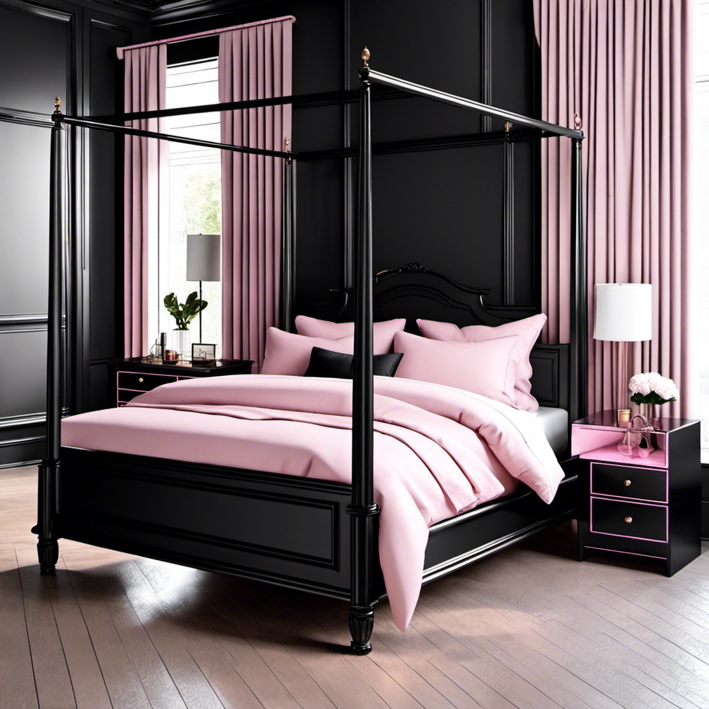 black four poster bed with pink bedding