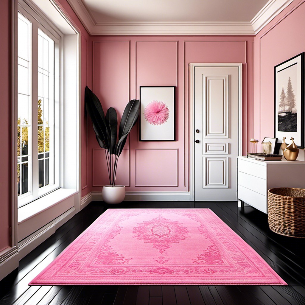 black hardwood floors with pink area rugs