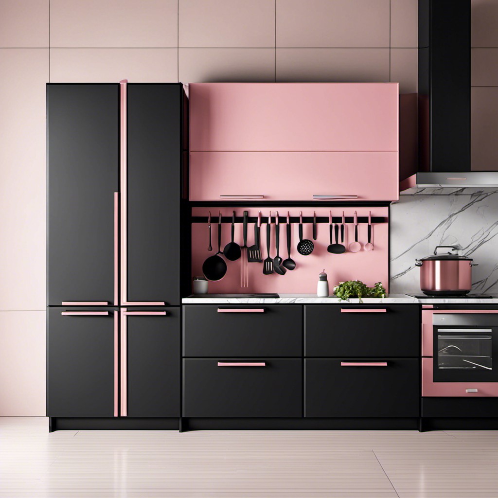 black kitchen cabinets with pink handles