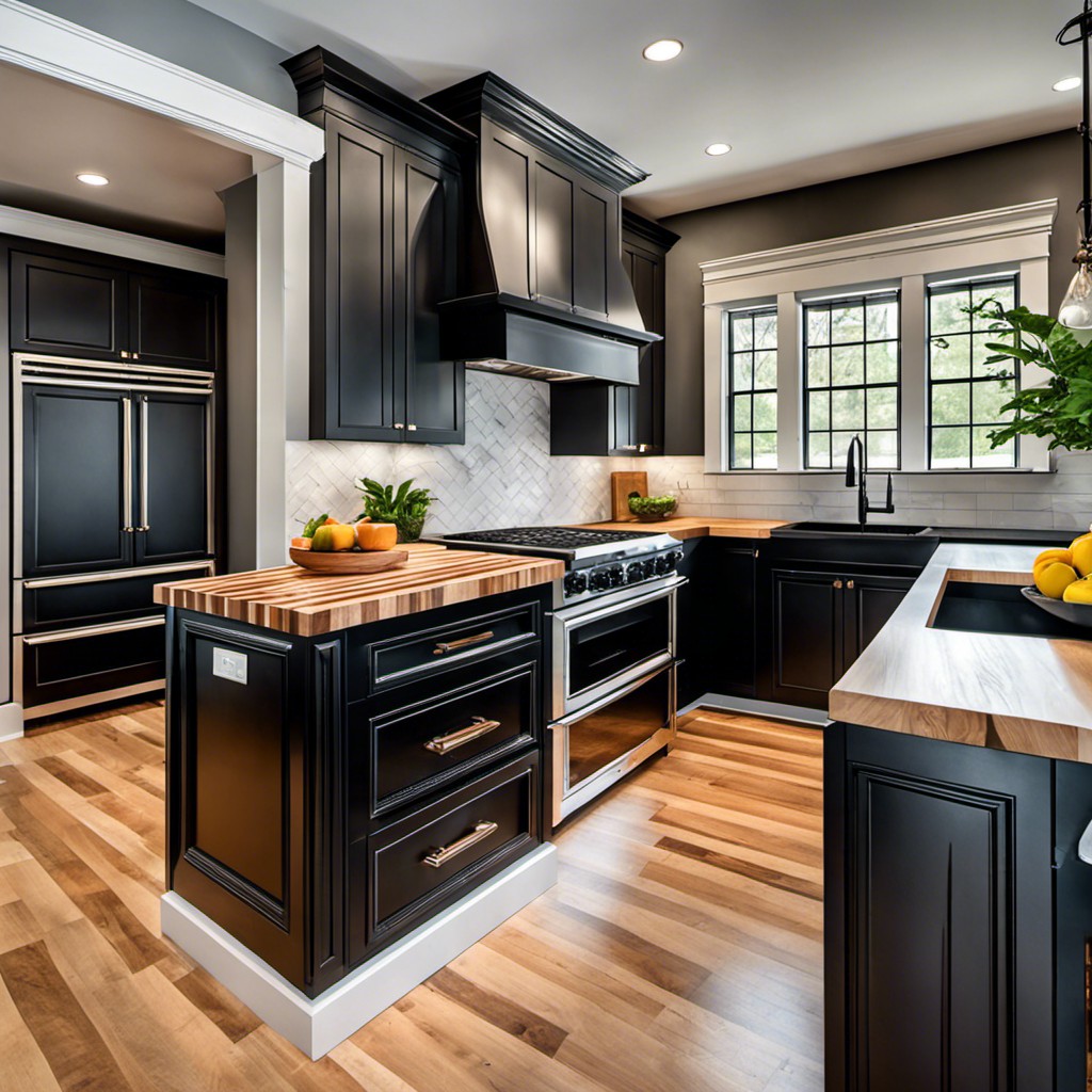 black kitchen island with butcher block top