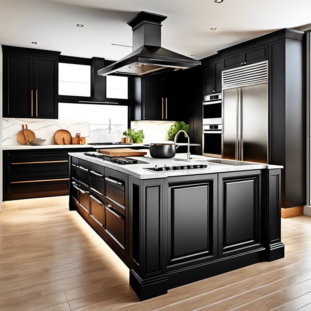 black kitchen island with integrated cooktop