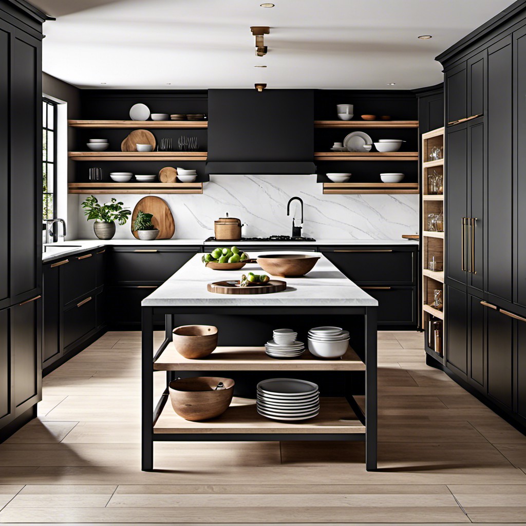 black kitchen island with open shelving