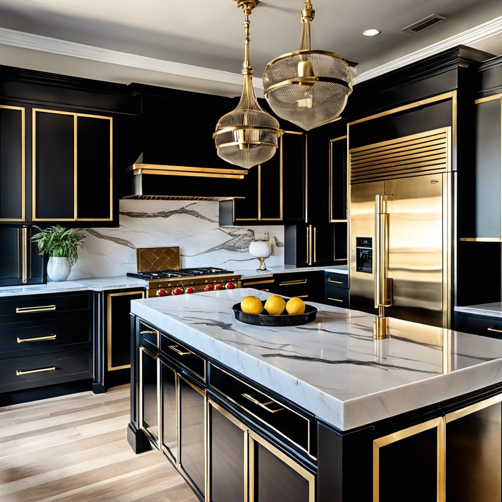 black lacquer finish island with brass accents