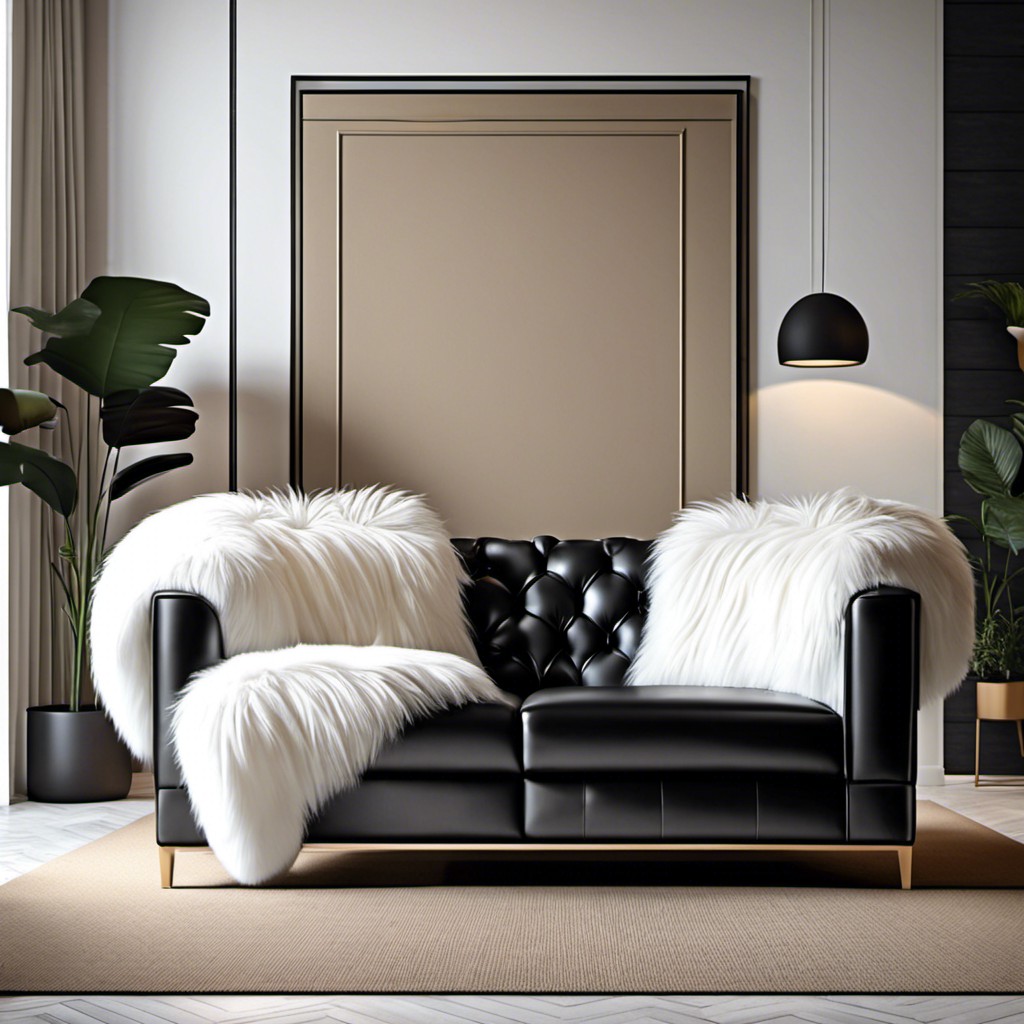 black leather sofa with white fur rugs