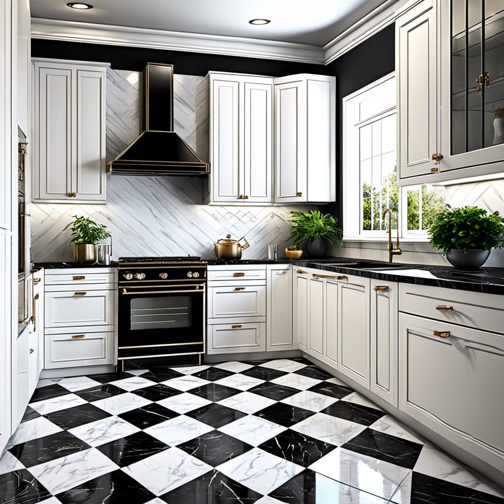 black marble flooring with white cabinets