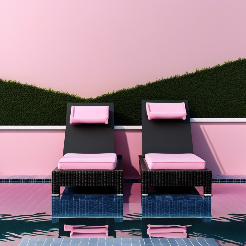 black pool tiles with pink poolside loungers