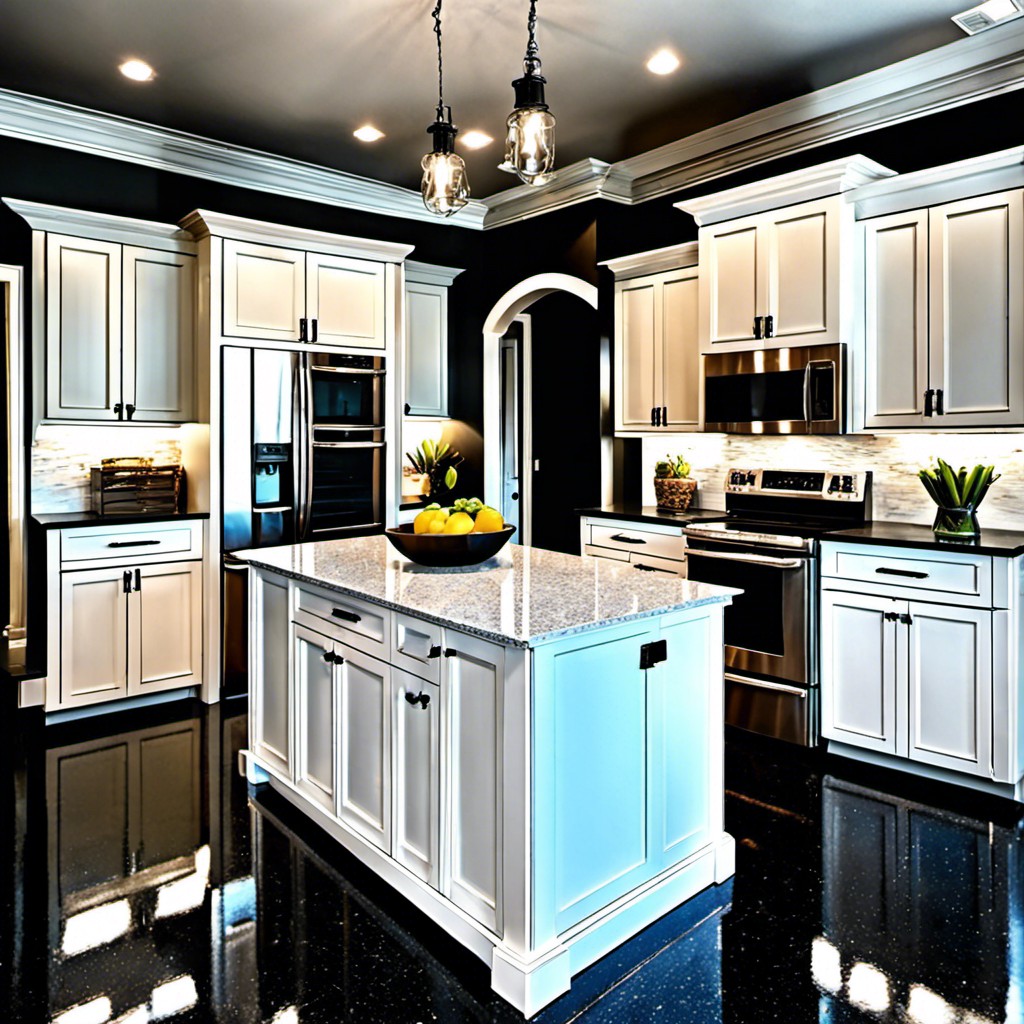 black quartz flooring with sparkling white cabinetry