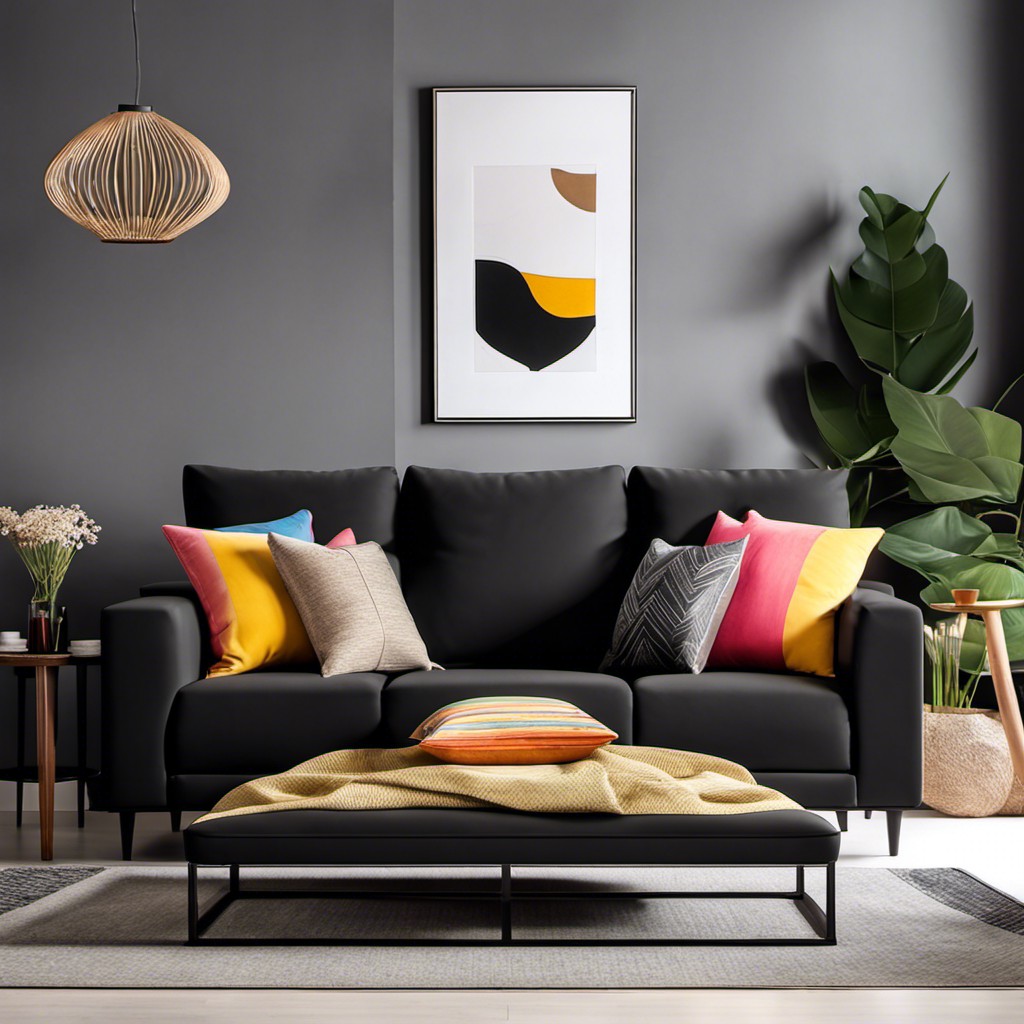 black sectional sofa with colorful throw pillows
