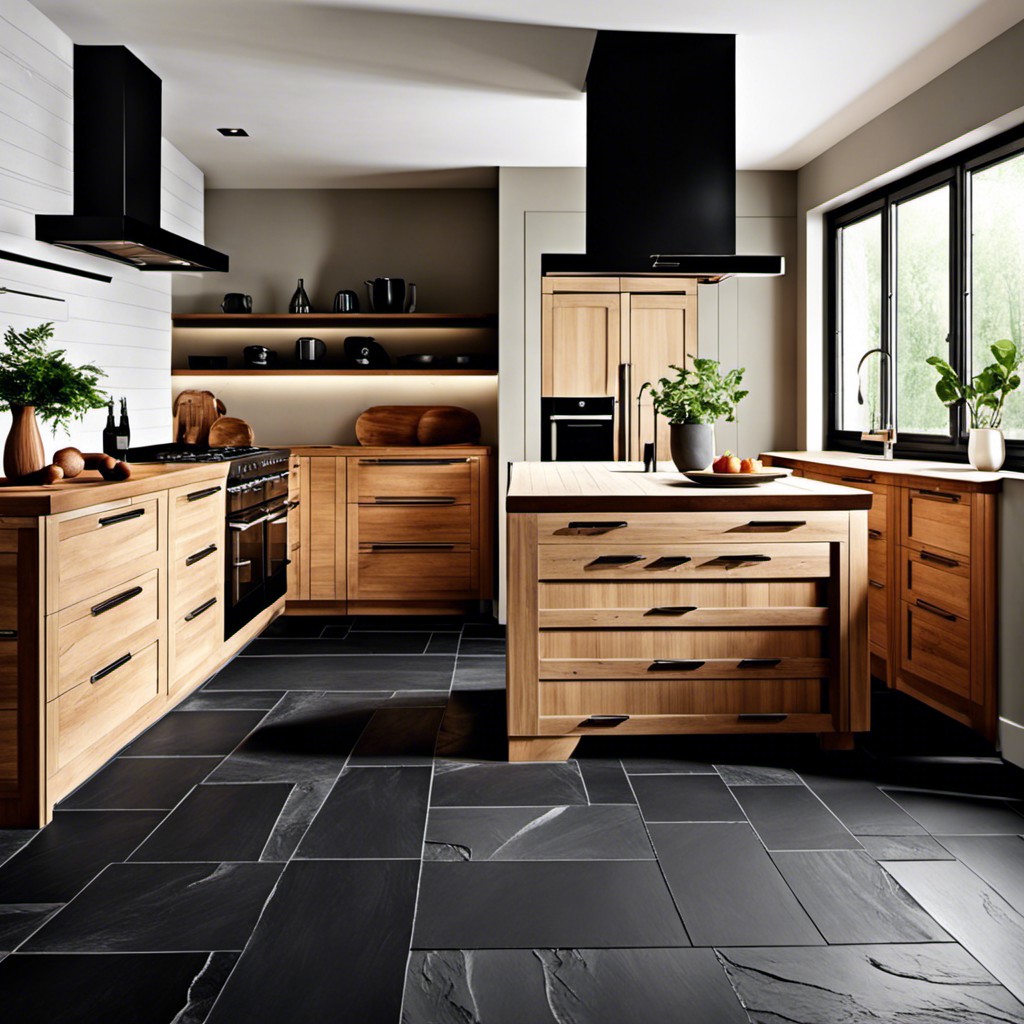 black slate floor with wooden accents