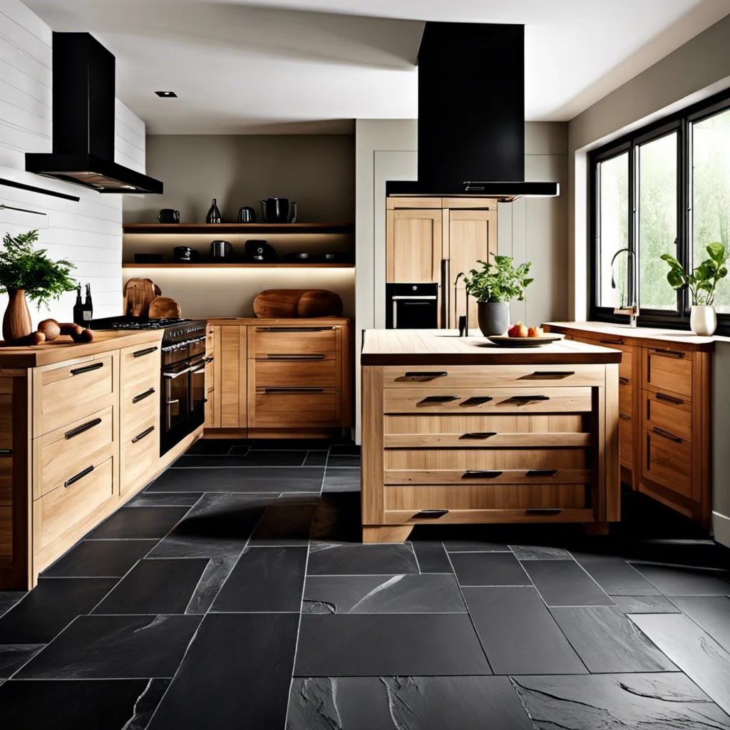 black slate floor with wooden accents