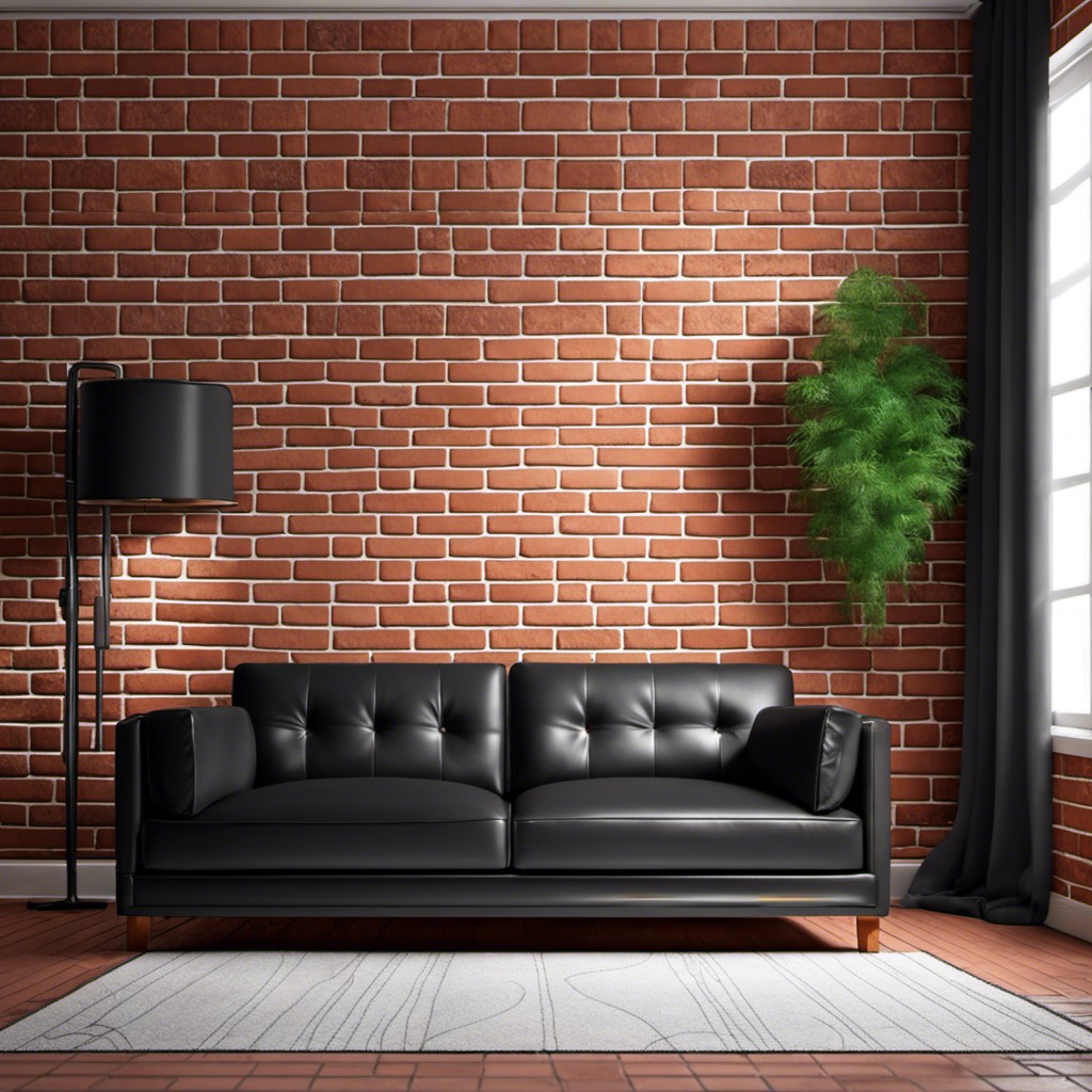 black sofa against a brick wall backdrop