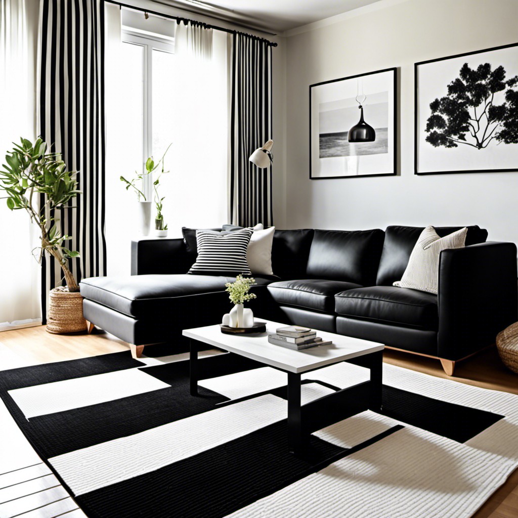 black sofa with a black and white striped rug