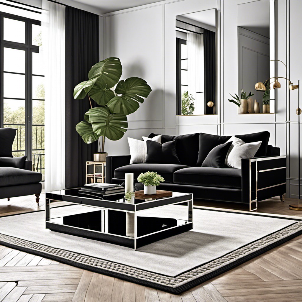 black sofa with a mirrored coffee table