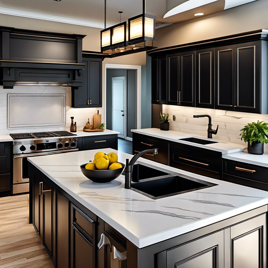 black stainless sink in island countertop