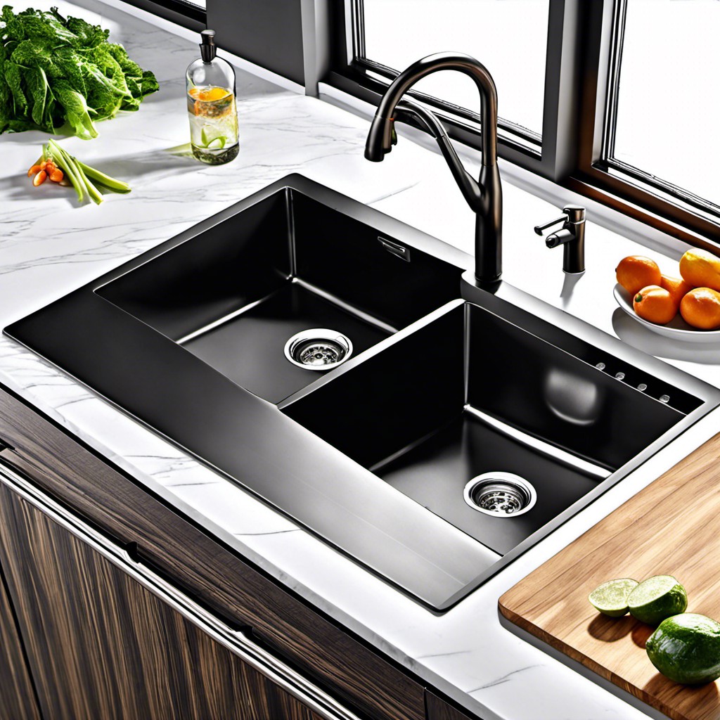 black stainless sink with cutting board