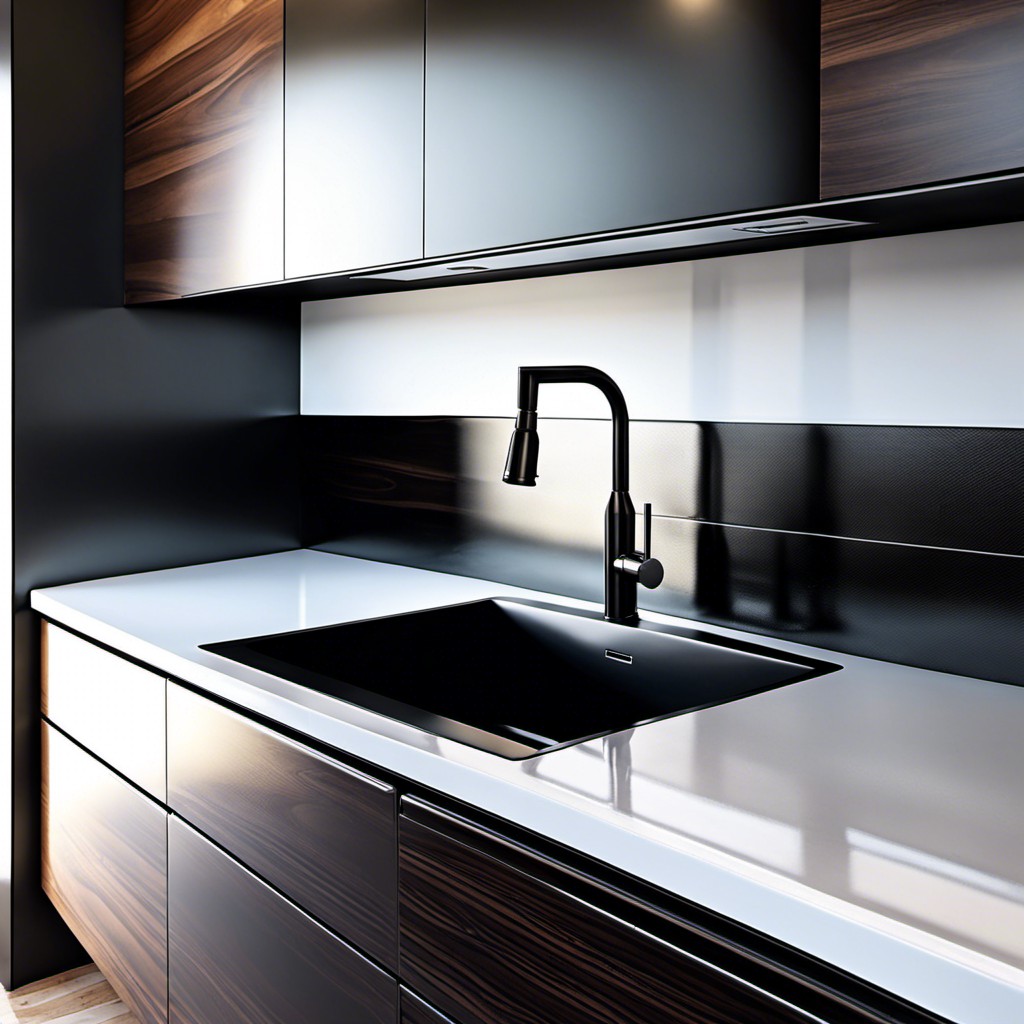 black stainless sink with integrated backsplash