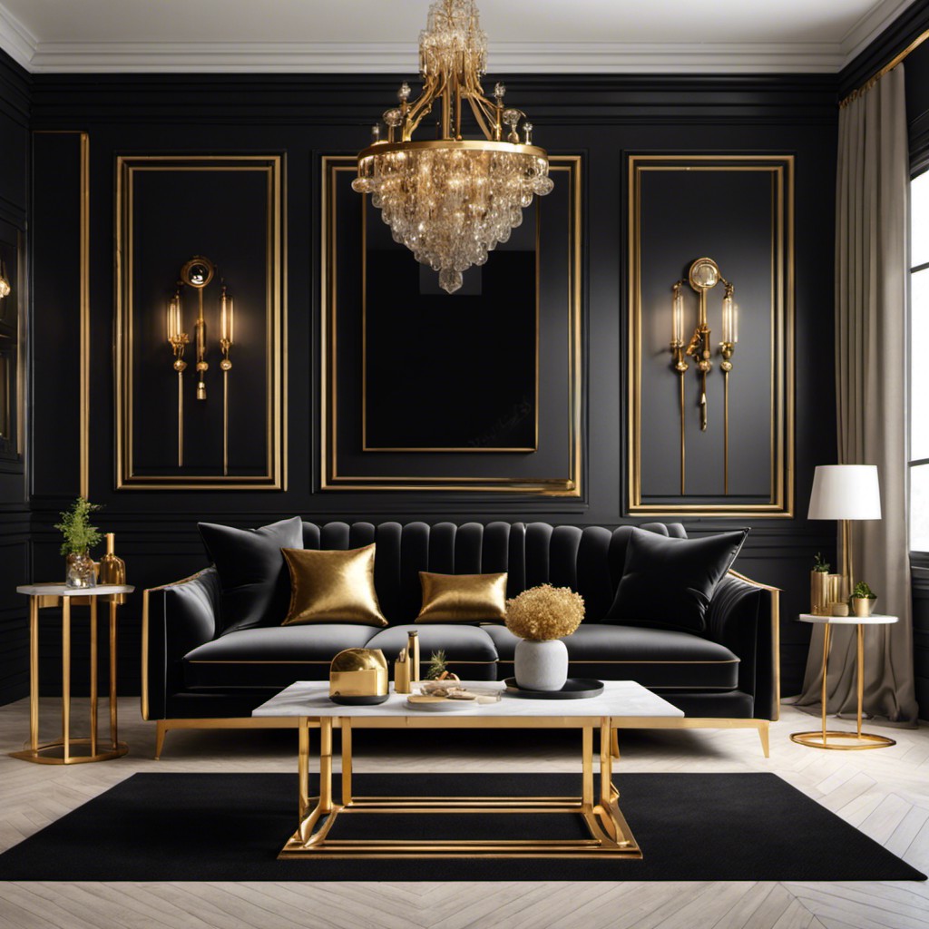 black velvet sofa with gold accents