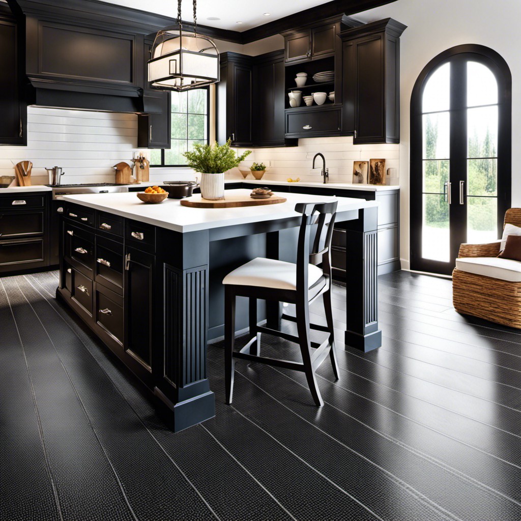 black vinyl flooring with white rugs