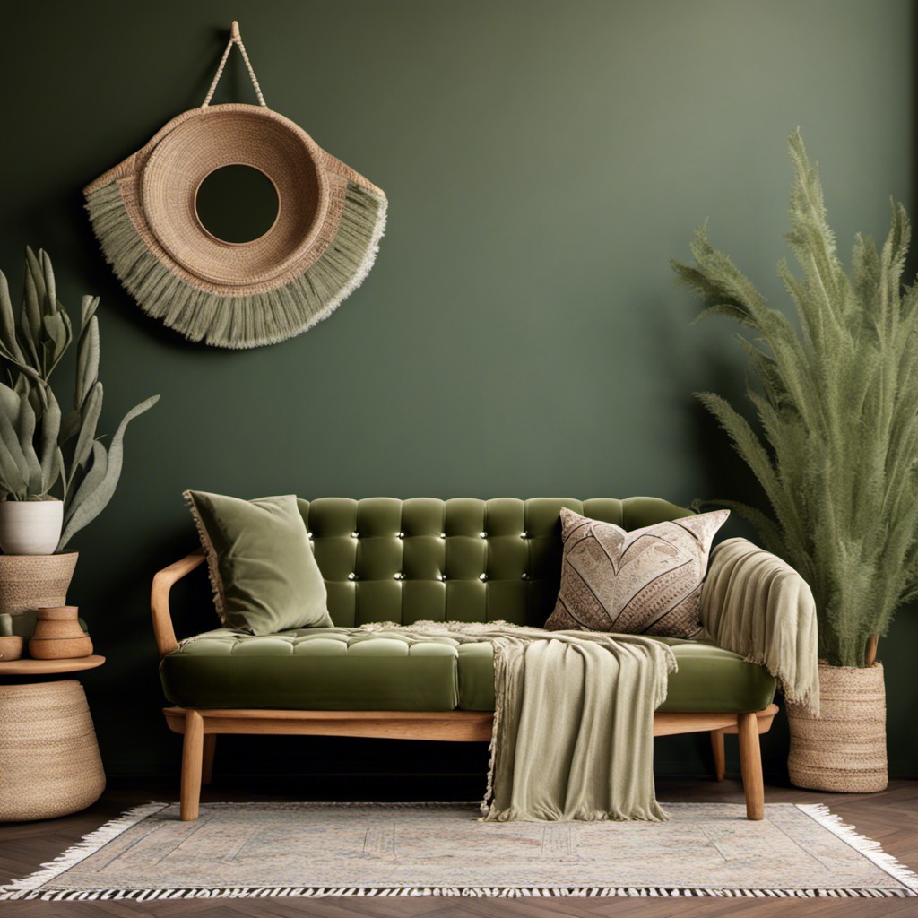 bohemian style sage green couch with natural fringes