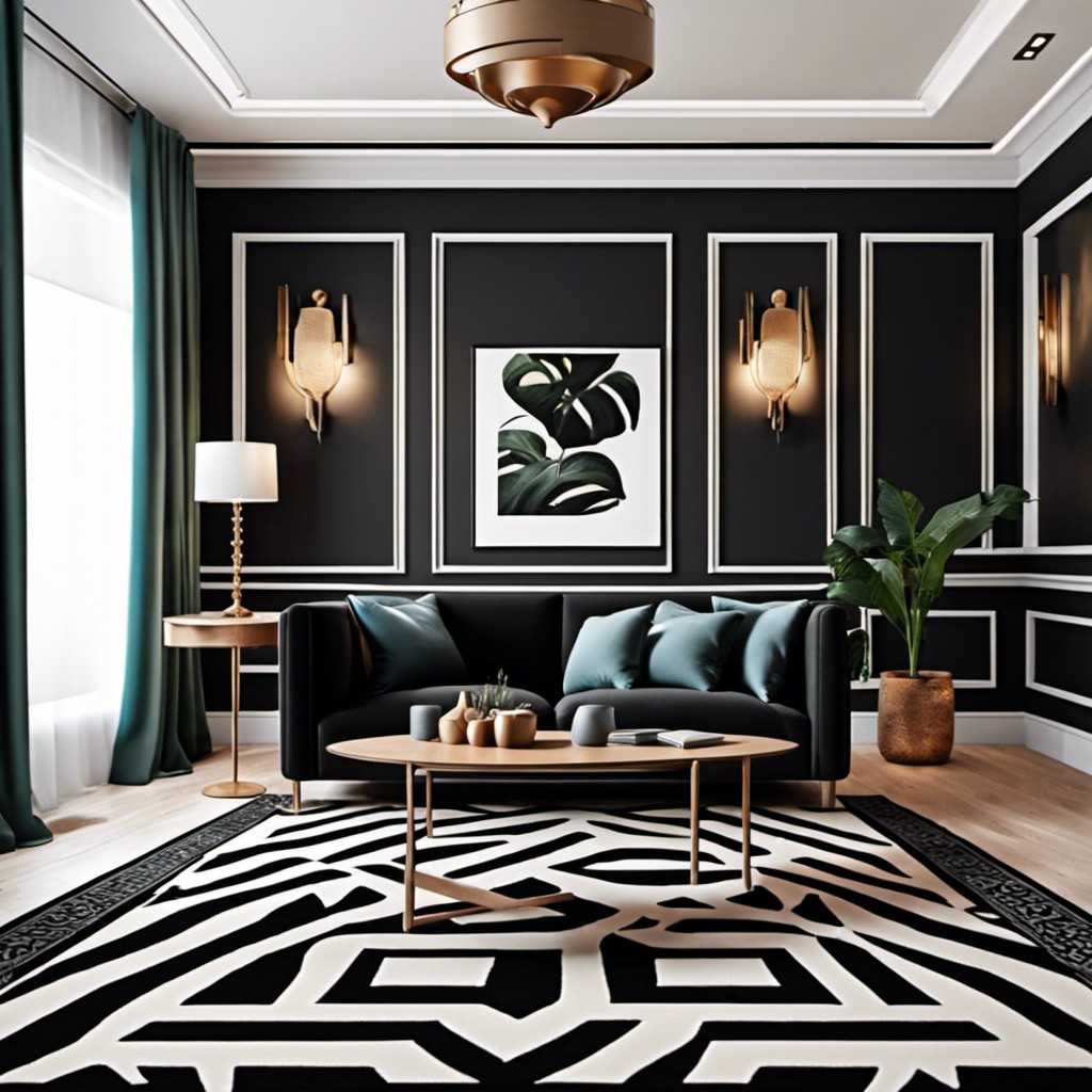 bold patterned carpet under a black sofa