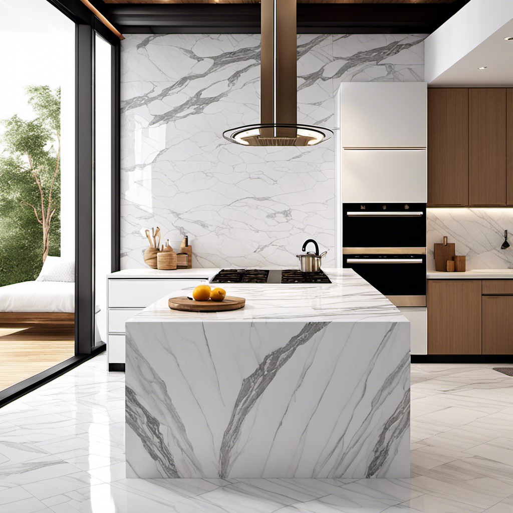 carrara marble tile island with waterfall edge