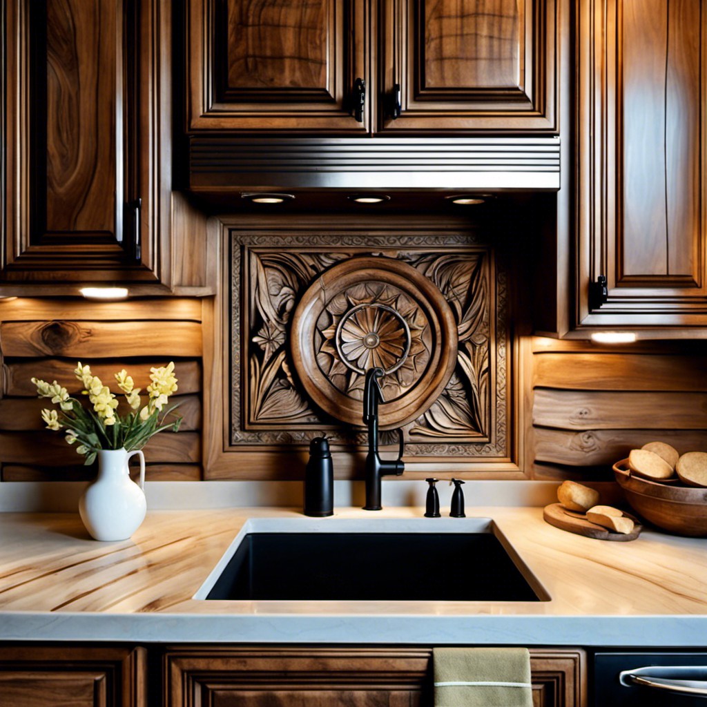 carved wood backsplash for a unique look