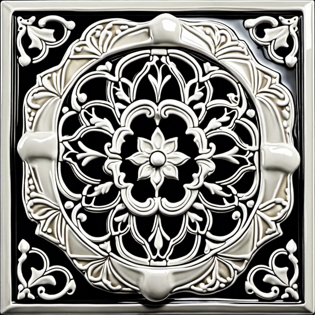 ceramic black backsplash with intricate white patterns