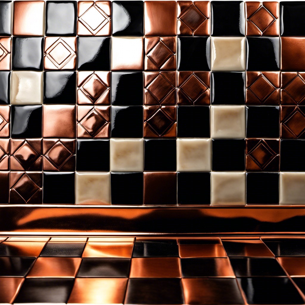 chequered pattern of copper and ceramic backsplash