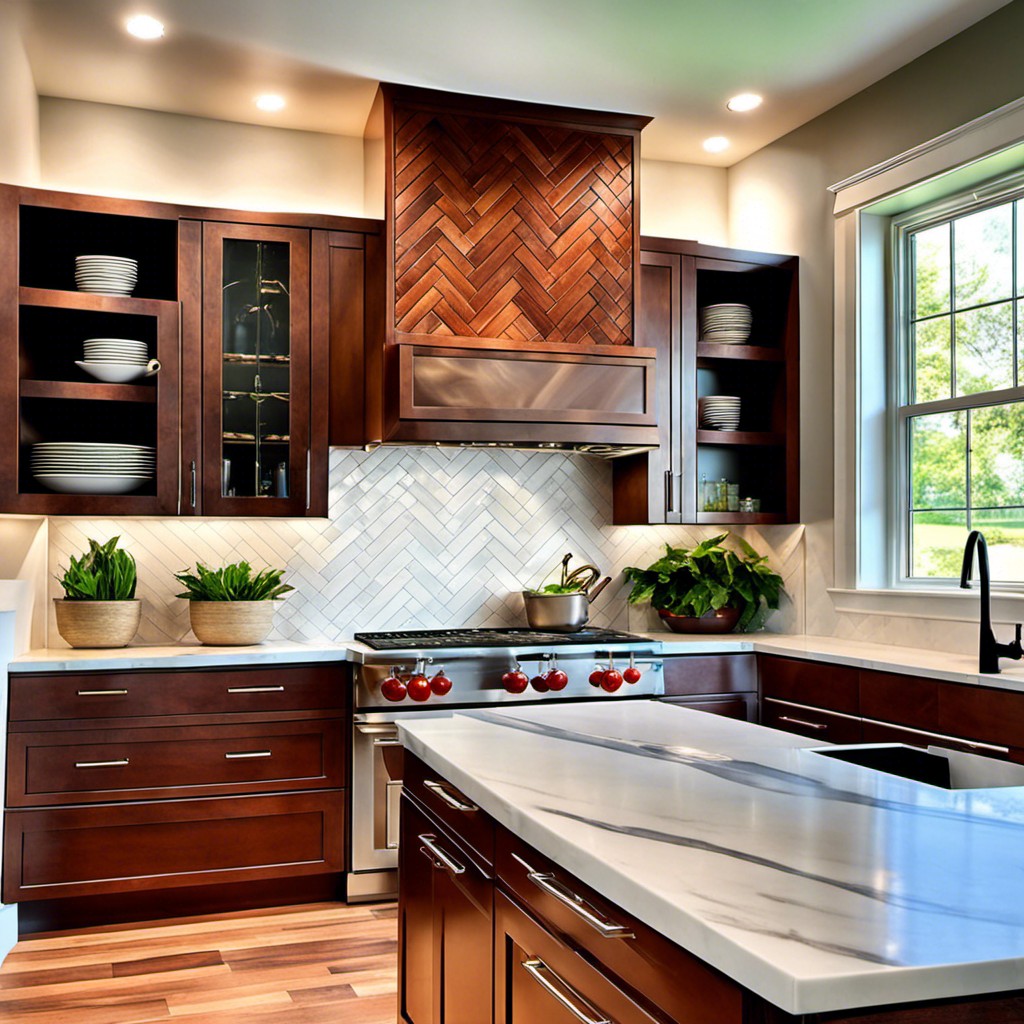 cherry wood herringbone backsplash