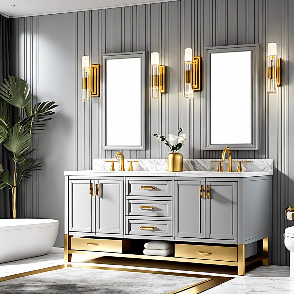 chic light gray vanity with gold accents