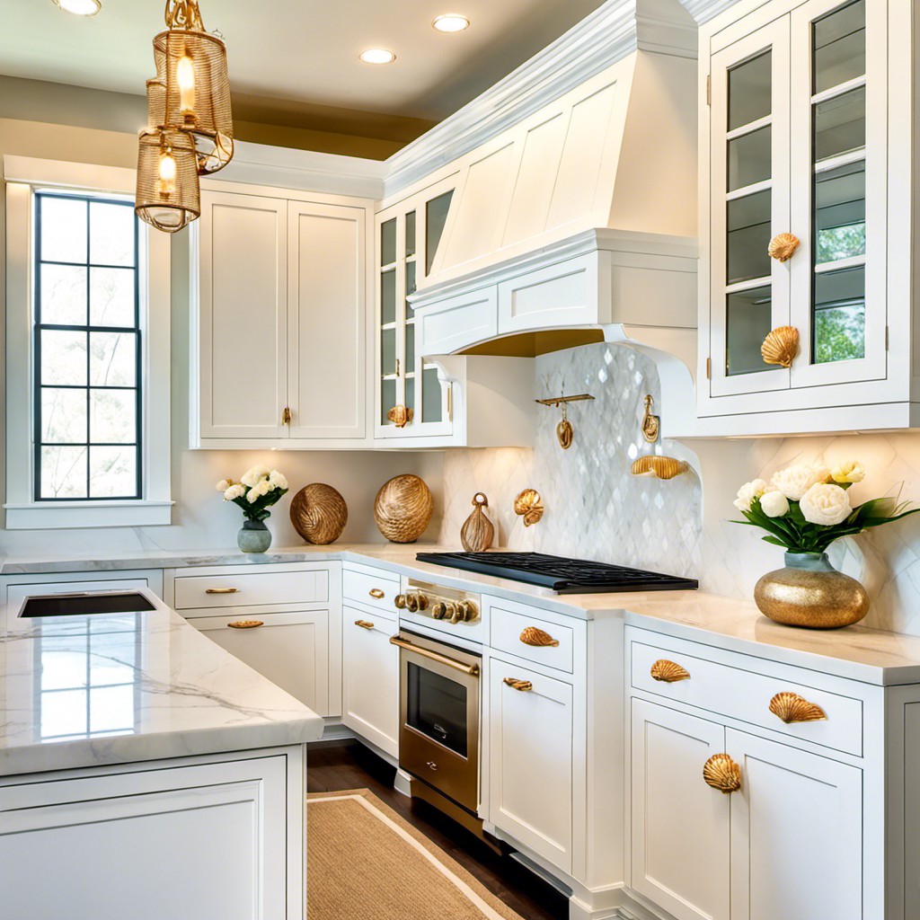 coastal themed white cabinets with gold seahell knobs