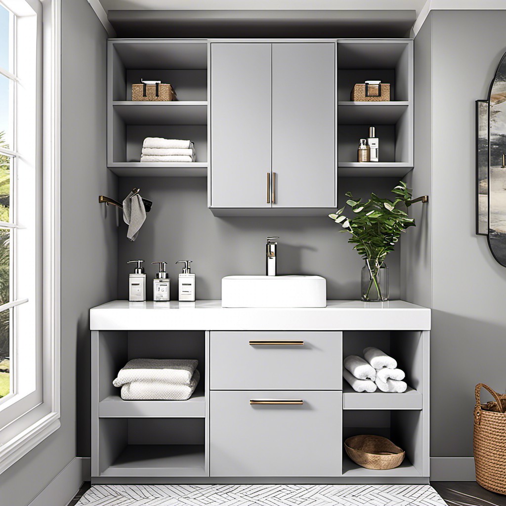 compact light gray vanity with storage tower