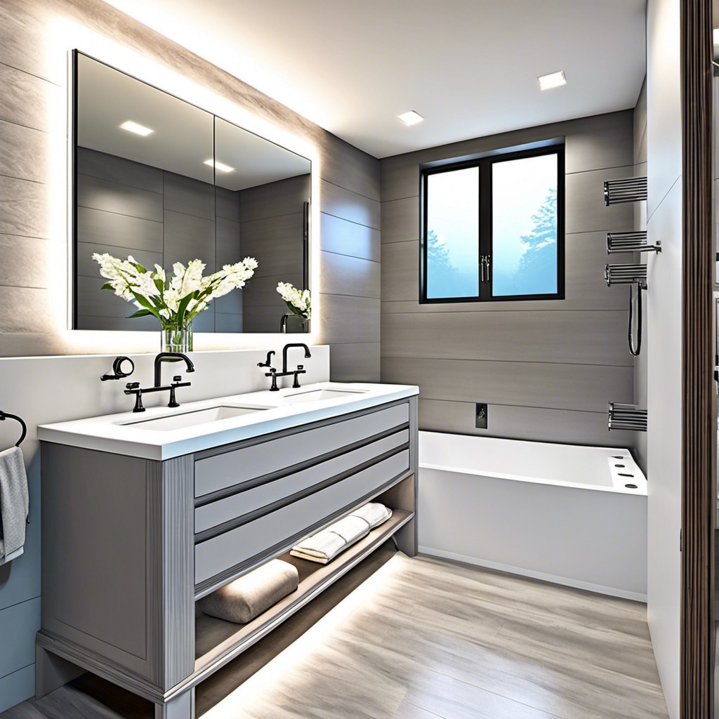 contemporary light gray vanity with integrated lighting