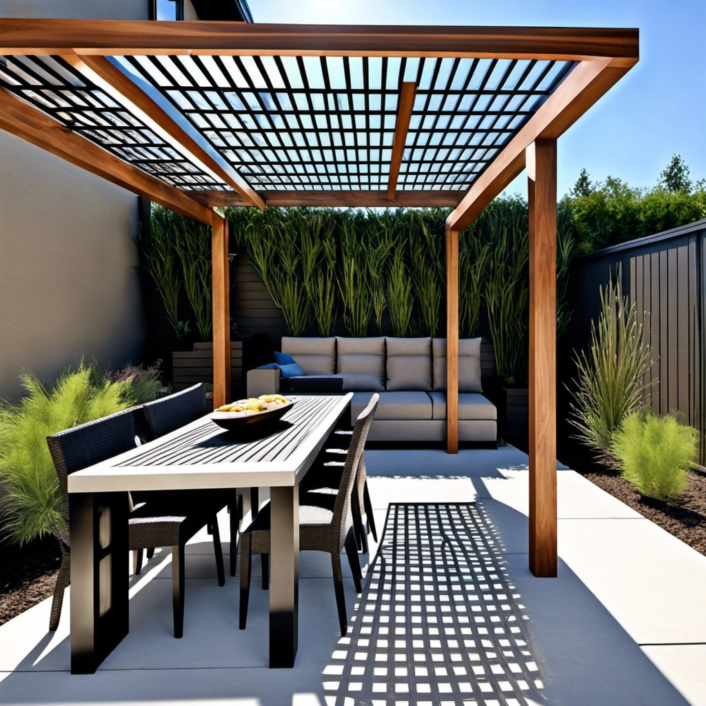 contemporary pergola with laser cut metal privacy panel