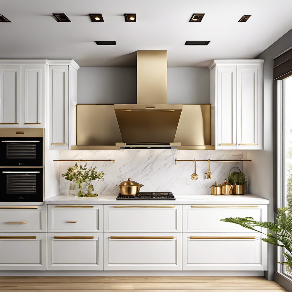 contemporary style white cabinets with slim gold handles
