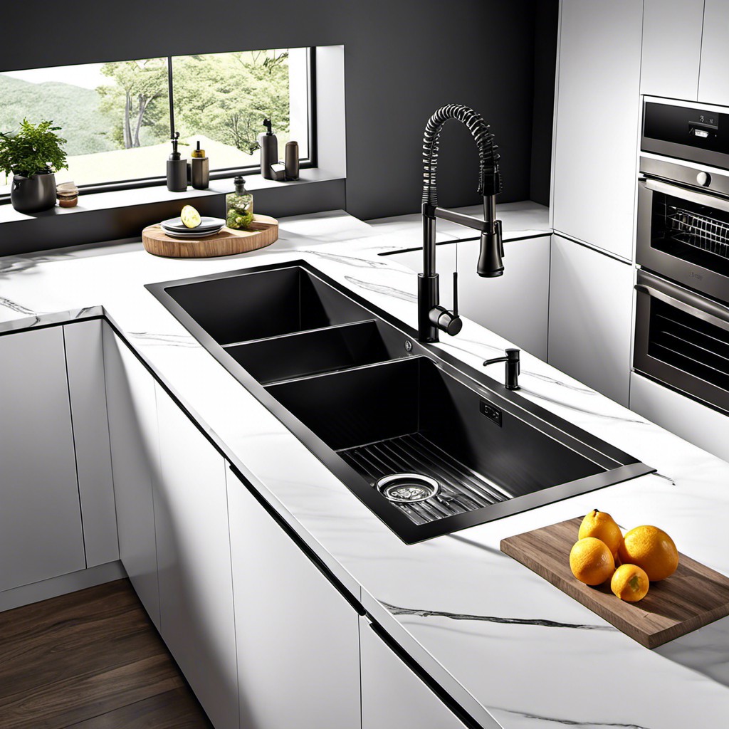 contrasting black stainless sink in white kitchen